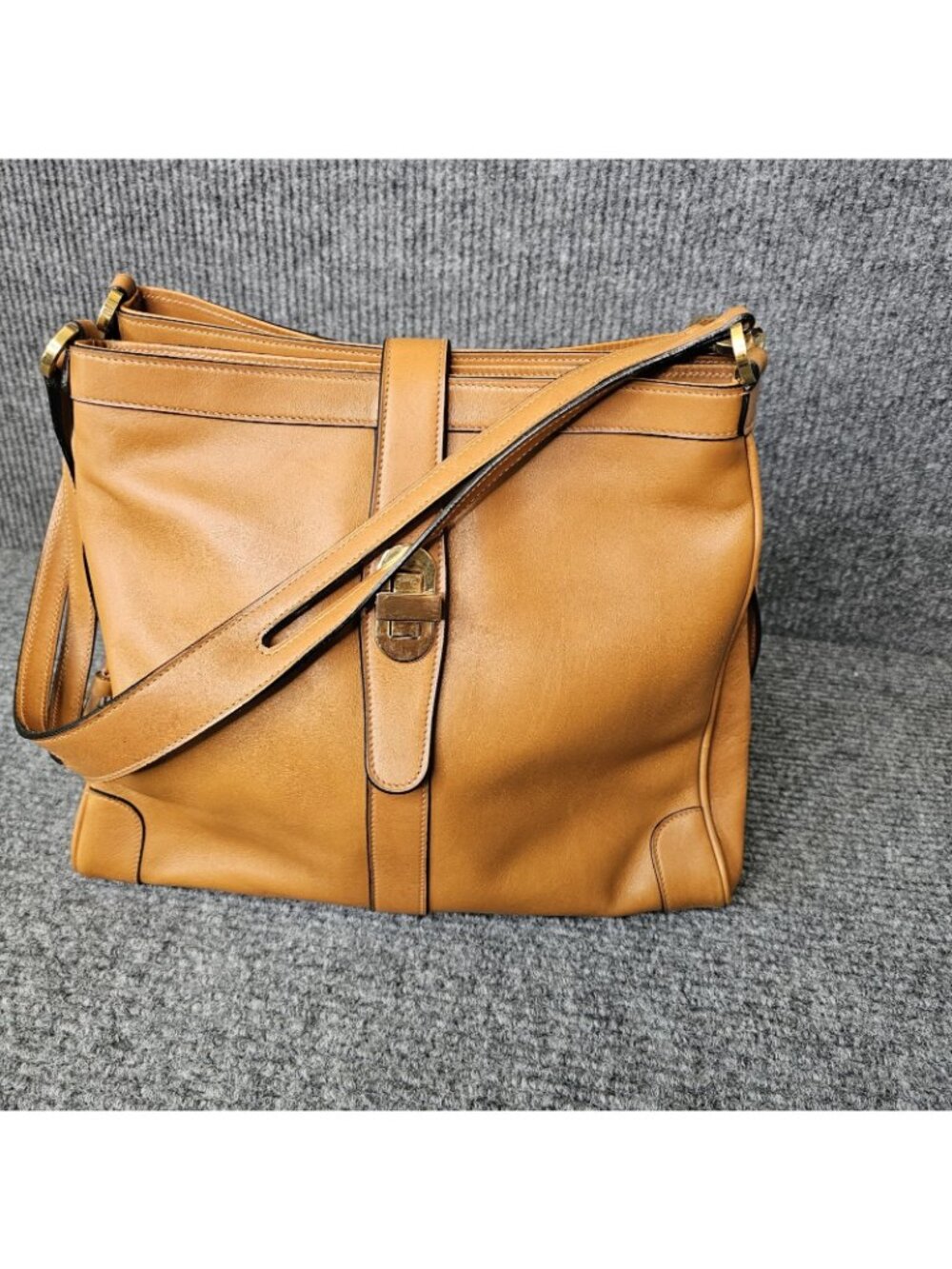 Vintage Mark Cross carmel Leather Gold Hardware 3-Pocket Tote Shoulder Bag Purse - Picture 7 of 13